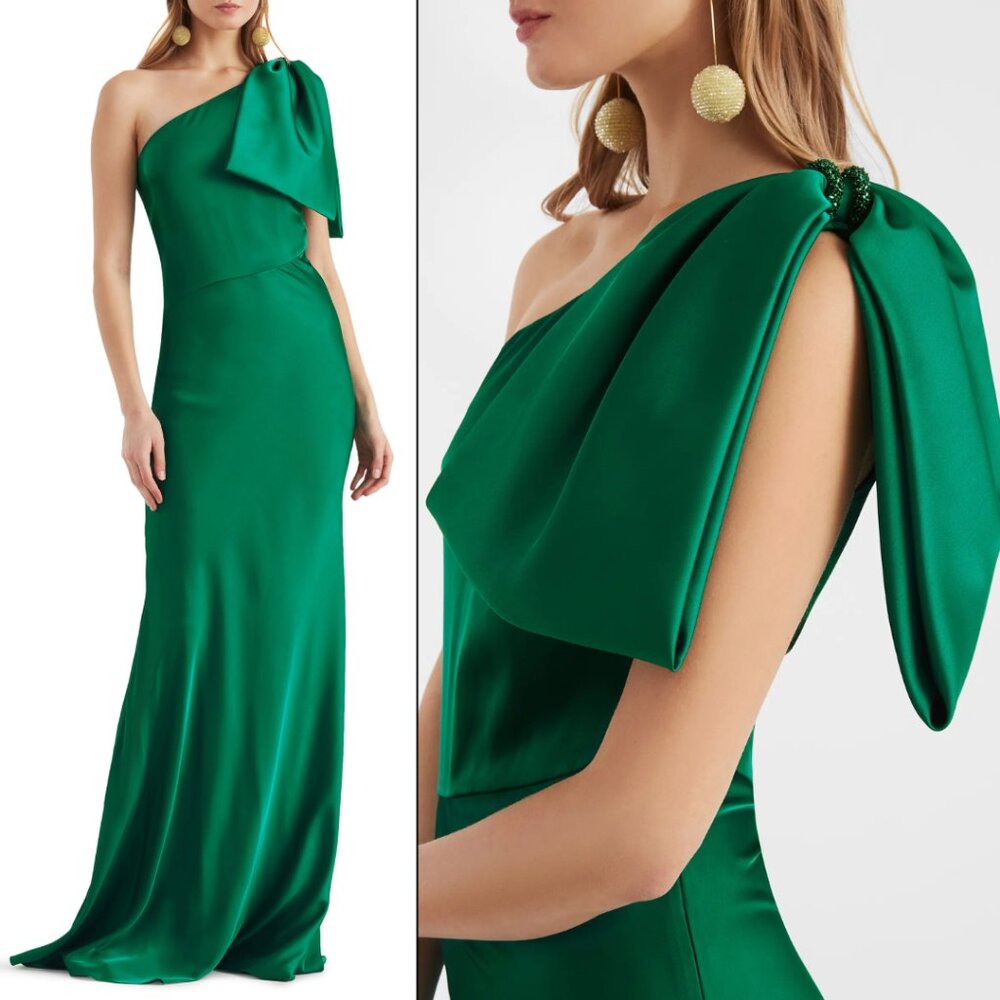 Sachin & Babi Size 6 Kelly Green Aubrey Satin One Shoulder Bow Gown Maxi Dress